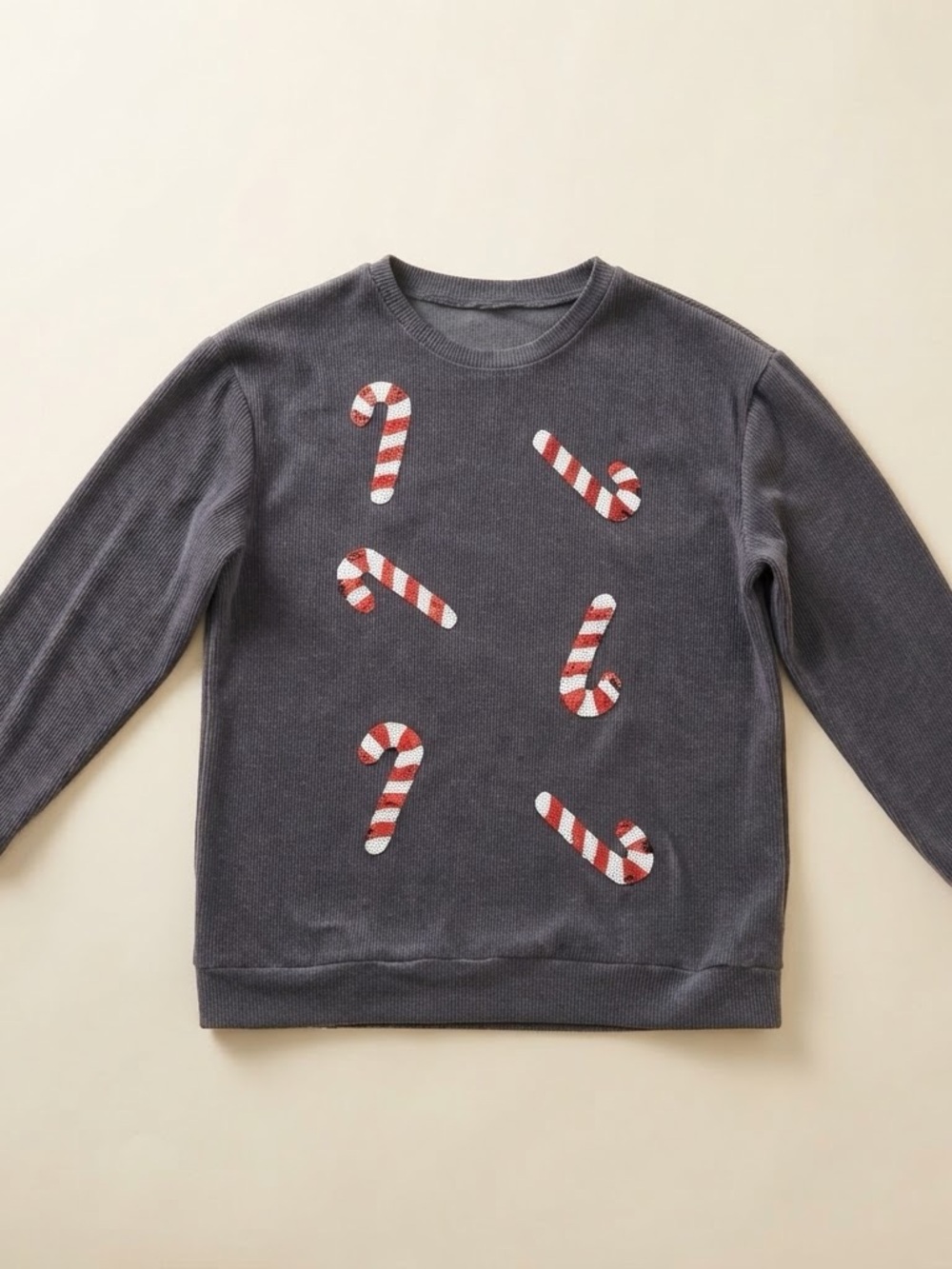 Women's Grey Crewneck Sweater with Red Candy Cane Embroidery
